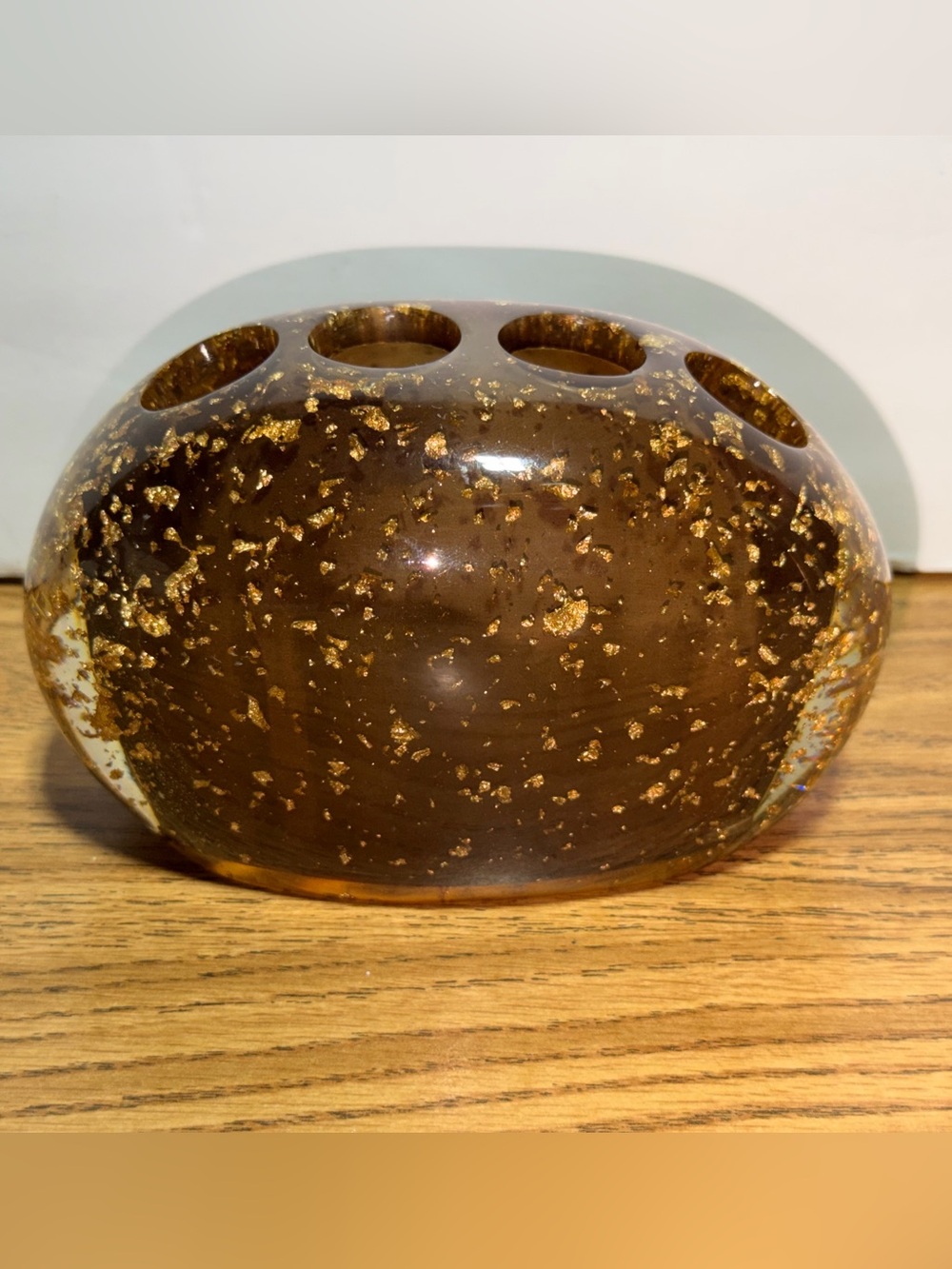 Vintage Nicole Miller Amber & Gold Flake Resin Tooth Brush Holder.